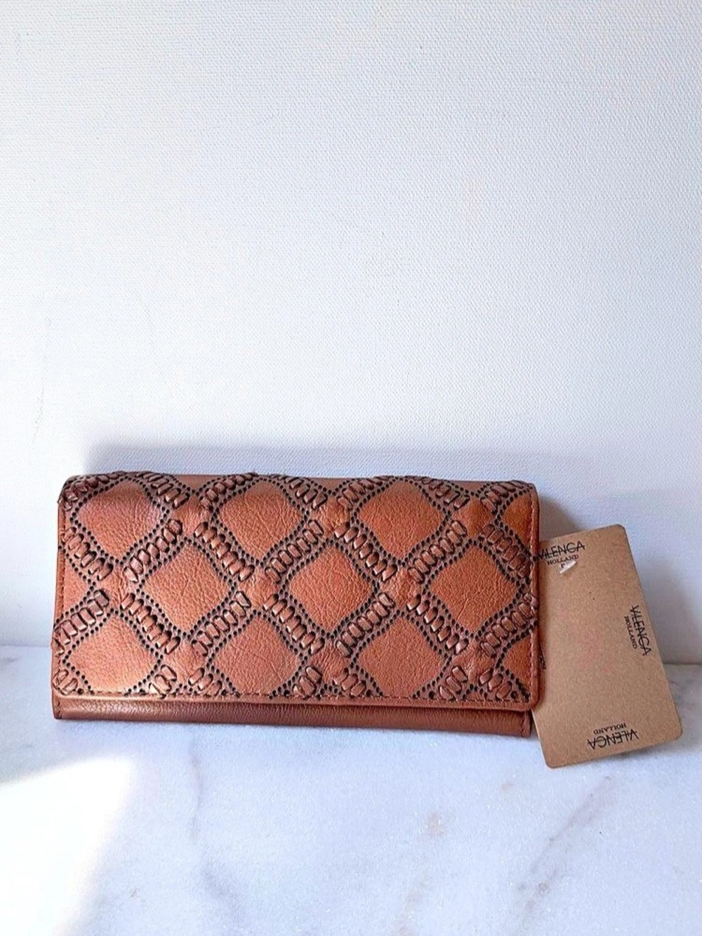 Vilenca Holland Cognac Brown Leather Wallet | Diamond Embossed Braided Pattern C